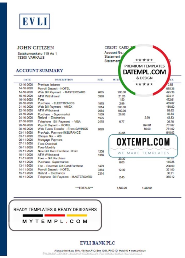 editable template, Finland Evli Bank PLC Bank statement template in Word and PDF format