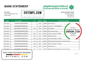 editable template, Kuwait Commercial Bank statement easy to fill template in .xls and .pdf file format