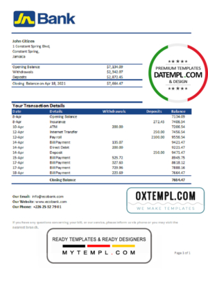 editable template, Jamaica National Bank statement easy to fill template in .xls and .pdf file format