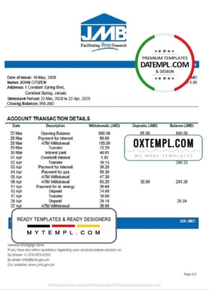 editable template, Jamaica Mortgage Bank statement template, Word and PDF format (.doc and .pdf)