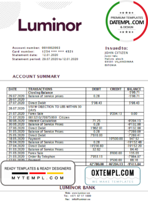 editable template, Estonia Luminor Bank proof of address bank statement template in Word and PDF format, .doc and .pdf format