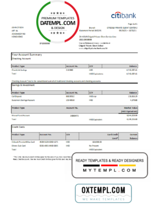 editable template, Hong Kong Citibank credit card statement template in .xls and .pdf file format