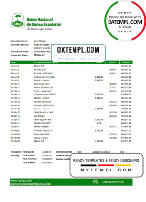 editable template, Equatorial Guinea The National Bank statement easy to fill template in Excel and PDF format
