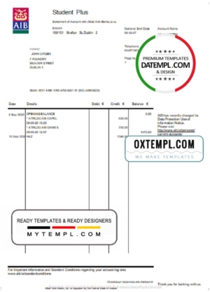 editable template, Ireland AIB bank statement  template in Word and PDF format