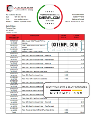 editable template, Equatorial Guinea CCEI Bank Benin bank statement easy to fill template in .xls and .pdf file format