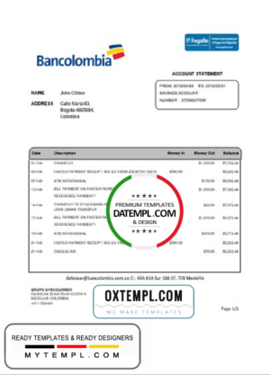 editable template, Colombia Bancolombia bank statement easy to fill template in Word and PDF format