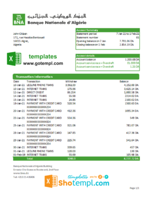 editable template, Algeria Banque nationale d’Algérie (BNA) bank statement template in Excel and PDF format