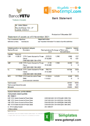 editable template, Angola Banco Yetu bank statement template in Excel and PDF format