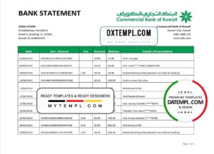 editable template, Kuwait Commercial Bank statement easy to fill template in Word and PDF format