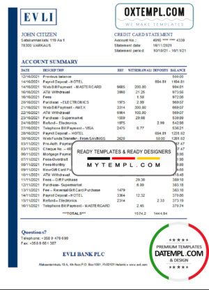 editable template, Finland Evli Bank PLC bank statement easy to fill template in Excel and PDF format