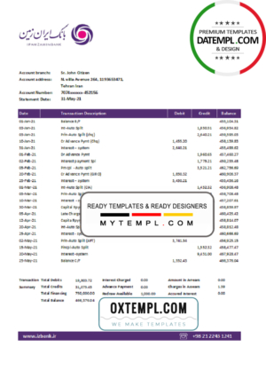 editable template, Iran Zamin Bank statement template in Excel and PDF format