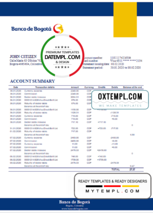 editable template, Colombia Banco de Bogotá bank statement template in Word and PDF format