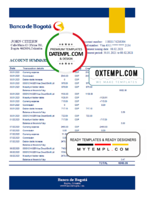 editable template, Colombia Banco de Bogotá bank statement easy to fill template in Excel and PDF format