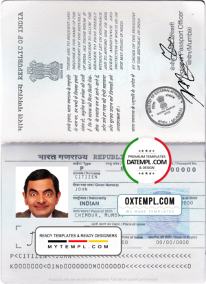 editable template, India passport template in PSD format, fully editable, with all fonts (2013 - present)