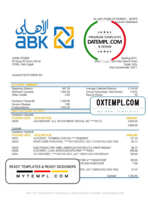 editable template, Egypt Al Ahli Bank of Kuwait bank statement easy to fill template in Word and PDF format
