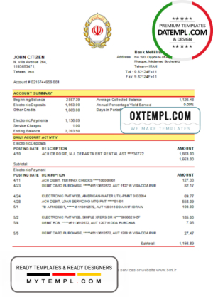 editable template, Iran Melli Bank statement template in .xls and .pdf file format