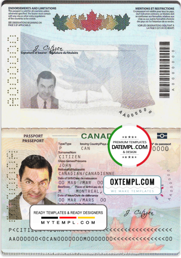 editable template, Canada Passport template in PSD format, fully editable (2010 - present)