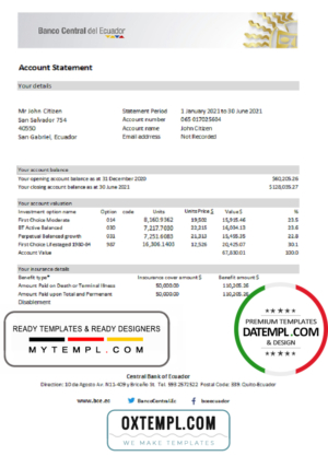 editable template, Ecuador Central Bank of Ecuador bank statement easy to fill template in Excel and PDF format