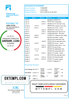 editable template, China Industrial and Commercial Bank of China bank statement template in Excel and PDF format