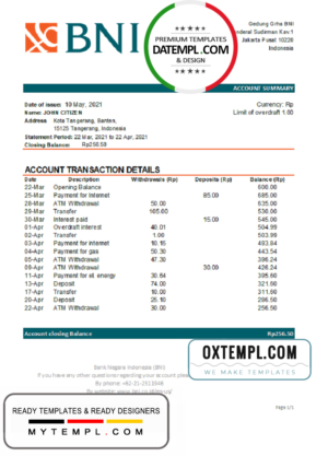 editable template, Indonesia Bank Negara Indonesia (BNI) bank statement easy to fill template in Excel and PDF format