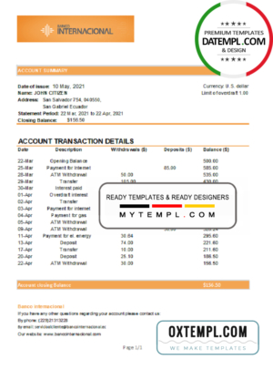 editable template, Ecuador Banco Internacional bank statement easy to fill template in Excel and PDF format