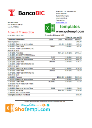 editable template, Angola Banco BIC bank statement template in Excel and PDF format