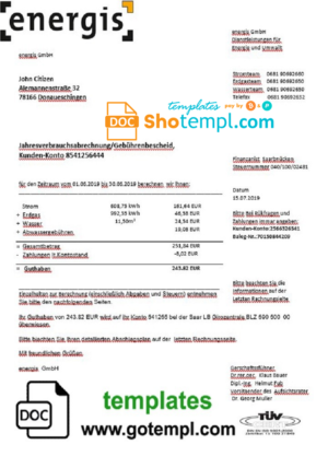 editable template, Germany Energis utility bill template in Word and PDF format, fully editable