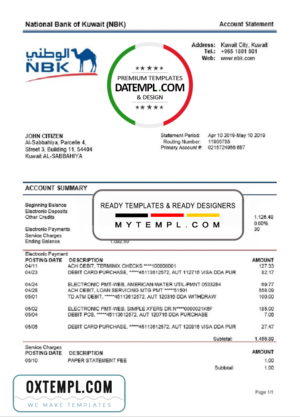 editable template, Kuwait National Bank of Kuwait (NBK) proof of address bank statement template in Word and PDF format (.doc and .pdf)