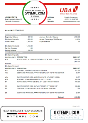 editable template, Cameroon UBA bank statement easy to fill template in Excel and PDF format