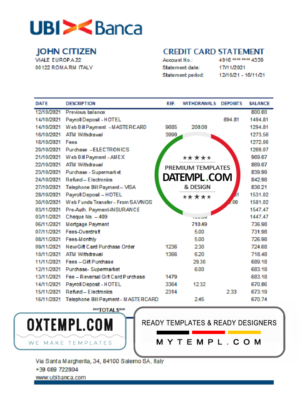 editable template, Italy UBI BANCA bank statement easy to fill template in Excel and PDF format