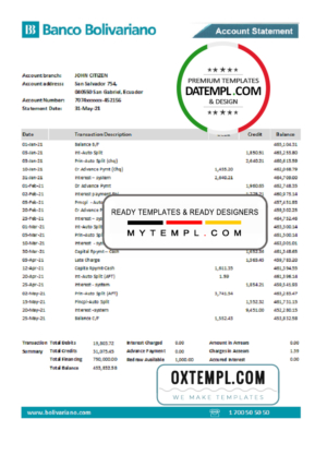 editable template, Ecuador Banco Bolivariano bank statement easy to fill template in .xls and .pdf file format