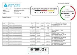 editable template, Georgia TBC Bank statement easy to fill template in Excel and PDF format