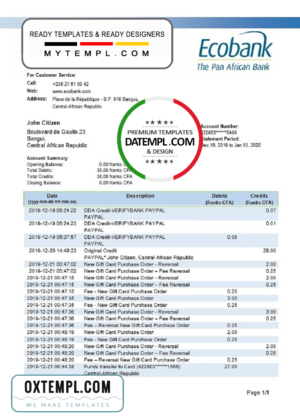 editable template, Central African Republic Ecobank proof of address template in Word and PDF format