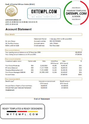 editable template, Central African Republic Bank of Central African States BEAC bank statement easy to fill template in .xls and .pdf file format (AutoSum)