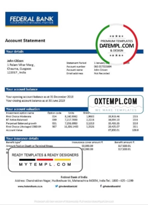 editable template, India Federal Bank proof of address statement template in Word and PDF format, .doc and .pdf format