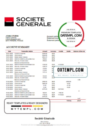 editable template, France Société Générale bank statement template in Word and PDF format