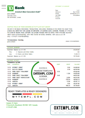 editable template, Canada TD Bank statement easy to fill template in Excel and PDF format (AutoSum)