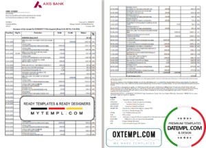 editable template, India Axis Bank statement template in .xls and .pdf file format (2 pages)