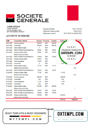 editable template, France Société Générale bank statement template in Excel and PDF format