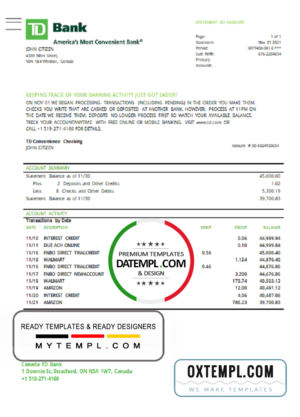 editable template, Canada TD Bank proof of address statement template in Word and PDF format (.doc and .pdf)