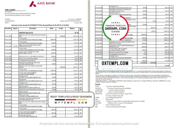 editable template, India Axis Bank statement template in Word and PDF format (2 pages)