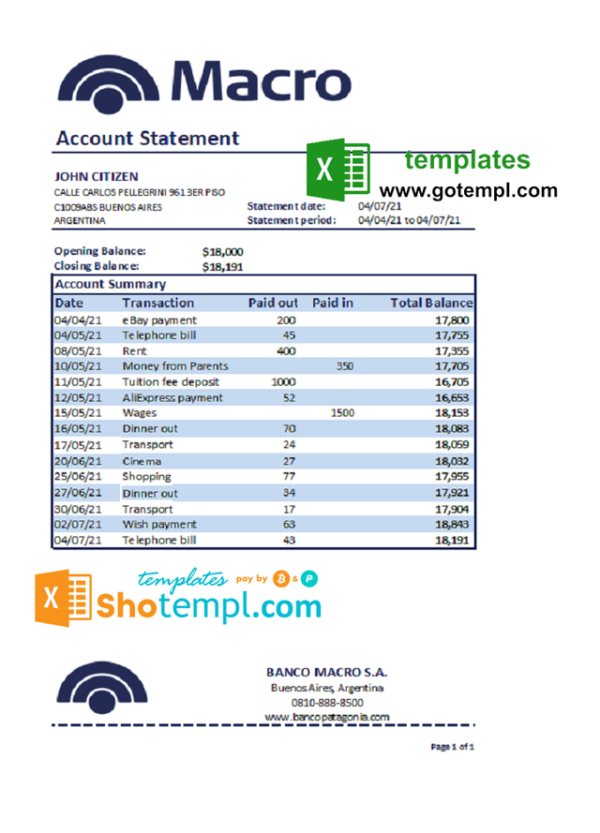 editable template, Argentina Banco Macro S. A. bank statement template in Excel and PDF format