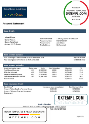 editable template, Jordan Bank of Jordan proof of address bank statement template in Word and PDF format