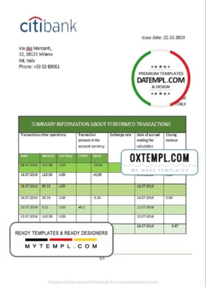 editable template, Italy Citibank statement template in .doc and .pdf format, fully editable
