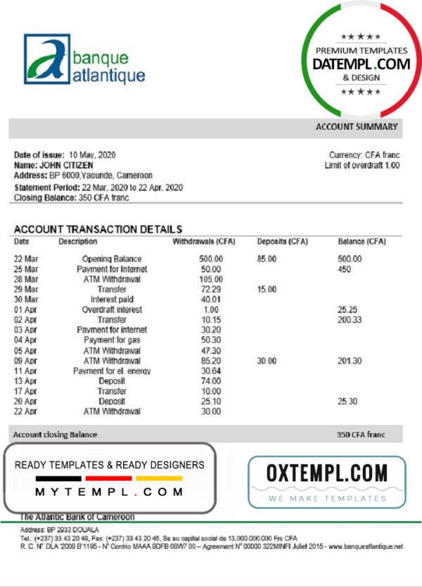 editable template, Cameroon Atlantic bank statement template in Word and PDF format