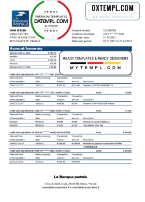 editable template, France La Banque Postale bank statement easy to fill template in .xls and .pdf file format