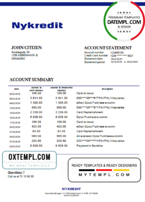 editable template, Denmark Nykredit bank statement template in Word and PDF format