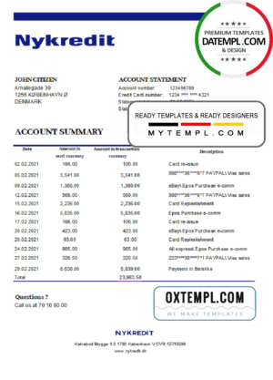 editable template, Denmark Nykredit bank statement easy to fill template in .xls and .pdf file format
