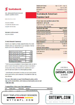 editable template, Canada Scotiabank bank statement easy to fill template in Excel and PDF format (AutoSum)