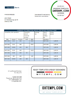 editable template, Denmark Danskebank bank statement easy to fill template in Excel and PDF format